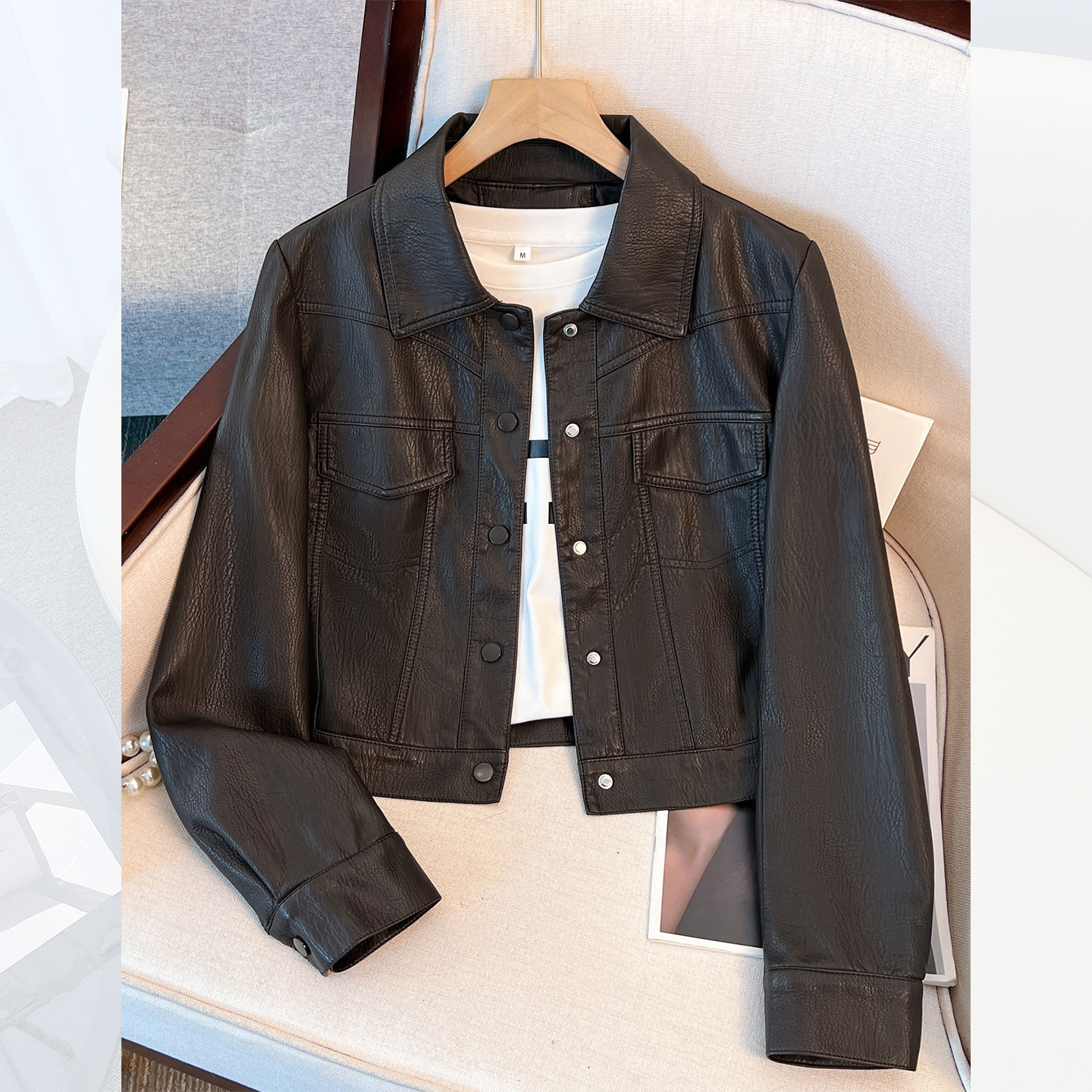 Brown Coffee Color Lapel Pu Leather Jacket for Women, Cool and Stylish 2025 Early Spring and Autumn New High-Waisted Short Biker Jacket