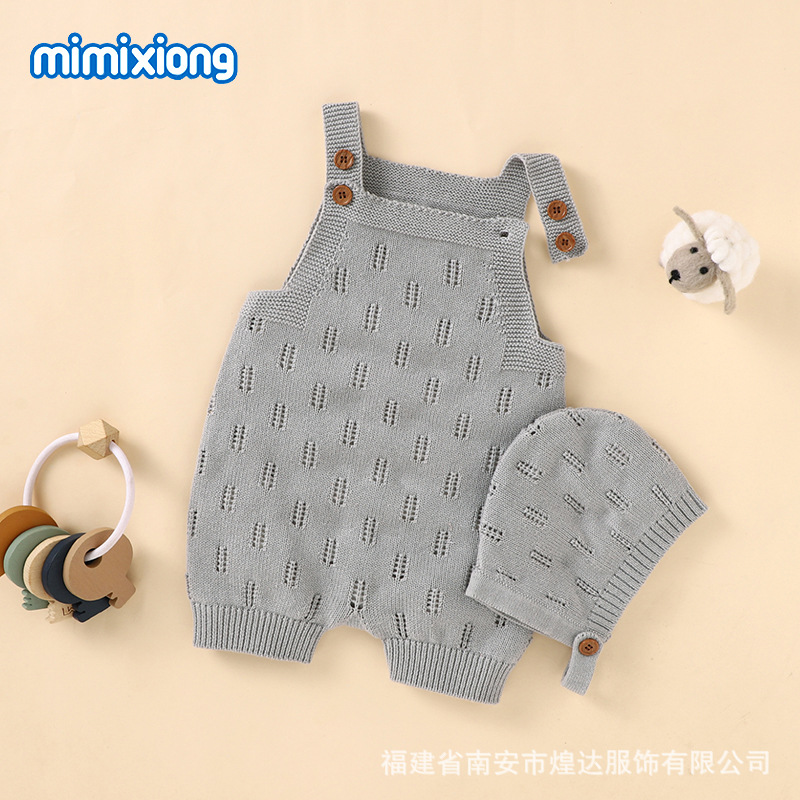 ins热卖咪咪熊春夏新款婴儿简约镂空连体包屁哈衣+帽子套装