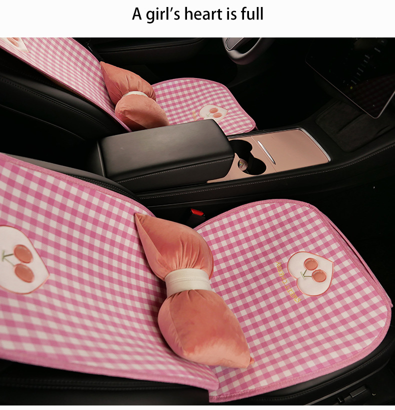 Plaid Cherry Car Cushion Four Seasons Universal Linen Single Piece Goddess Seat Cover Semi-enclosed Breathable Summer Day