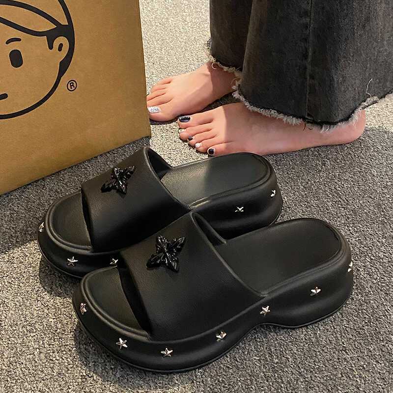 ネットセレブファッション人気スリッパ女性用夏新作厚底増量滑り止め防臭クロスフラワービーチサンダル|undefined