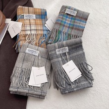 智系灰英伦格纹100%wool羊毛围巾复古百搭通勤OL披肩保暖男女款