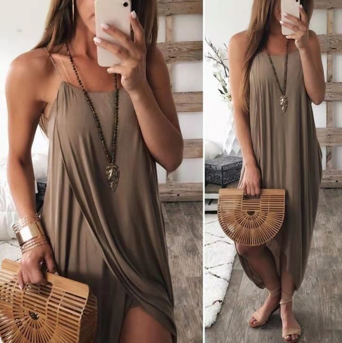 Aliexpress Amazon Ebay Knitted Suspender Loose Asymmetrical Dress Pure Color Sexy Beach Skirt Naked Breasts