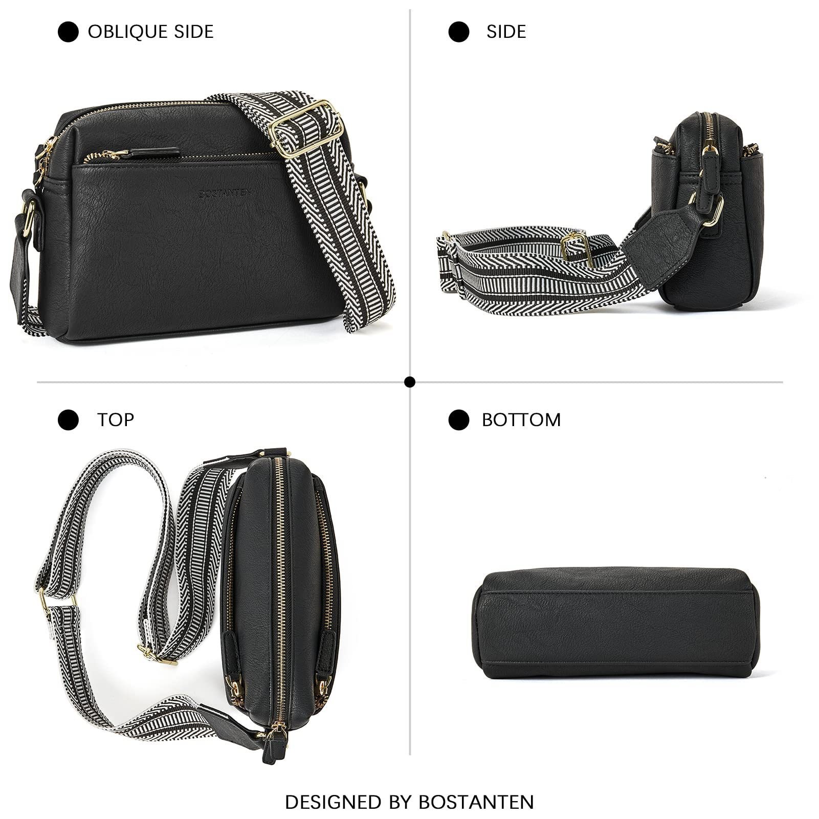 New women's small crossbody bag, three zippered mobile phone newspaper, leather small bag, colored shoulder strap single shoulder bag_voghion.com