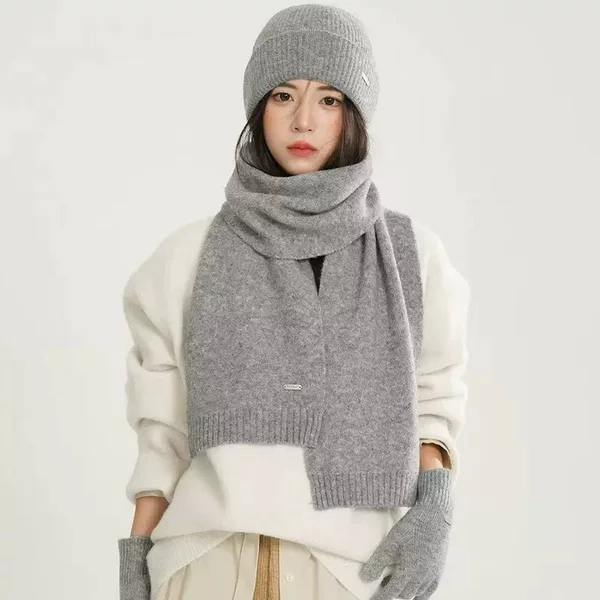 Knitted Hat, Scarf and Gloves Three-Piece Set, Monochrome Wool Autumn and Winter Warm and Versatile Pure Color Christmas Gift Set New