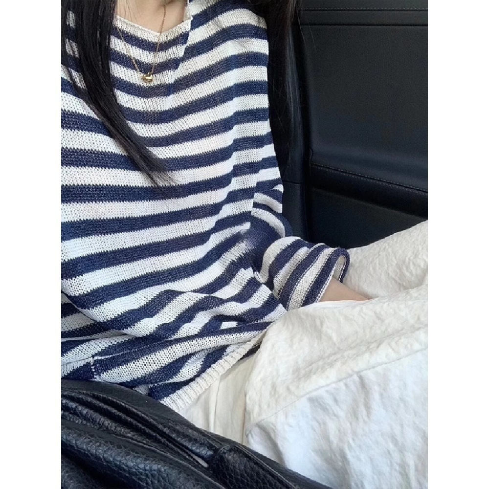 Chic Korean Style Striped Ice Silk Knit Long-Sleeve T-Shirt, Sun Protection Cover-Up, Women's Summer Outerwear, Sheer Top, Air Conditioning Shirt