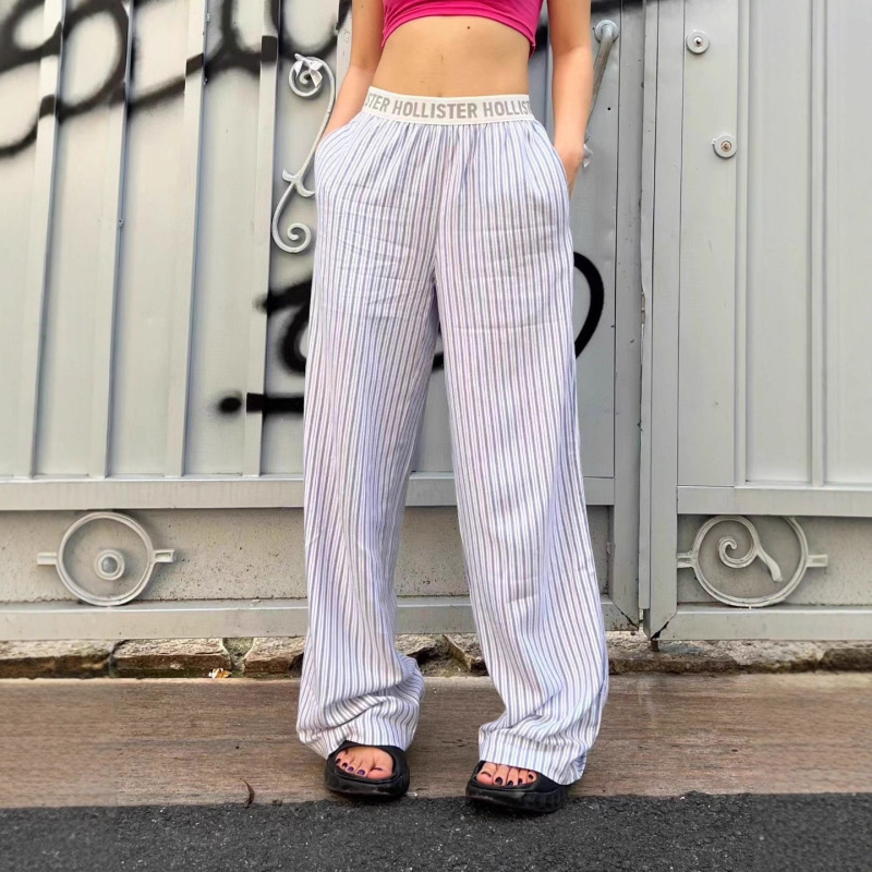 Trendy Hollister Little Seagull New Wide-Leg Pants Striped Lazy Loose Casual Long Pants Sleep Pants for Women Trendy Hollister Little Seagull New Wide-Leg Pants Striped Lazy Loose Casual Long Pants Sleep Pants for Women