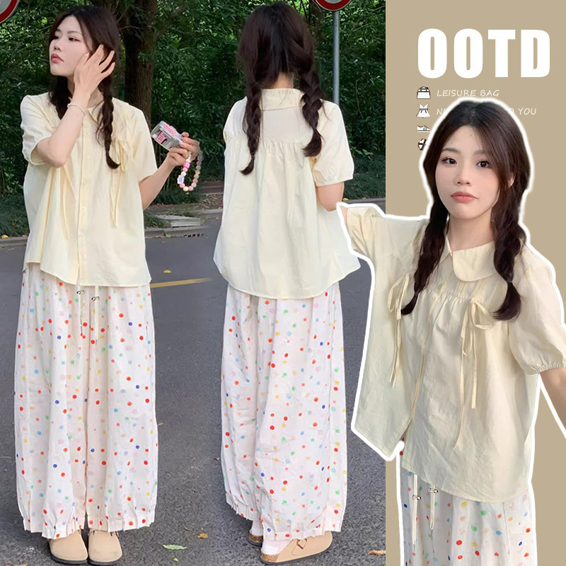 Pregnant Women's Summer Sweet Cute Doll Collar Short-sleeved Shirt suit Women's Vit Girl's Bow Doll Shirt