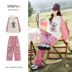 女童連帽運動套裝2024新款休閒兩件套中大童春秋衛衣工裝褲兩件套
