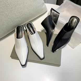 2023 New Style Baotou Half Slippers Women's Small Square Tops Wedge High Heeled Sandals Fashionable Outer Wear Thick Heeled Lazy Muller Shoes