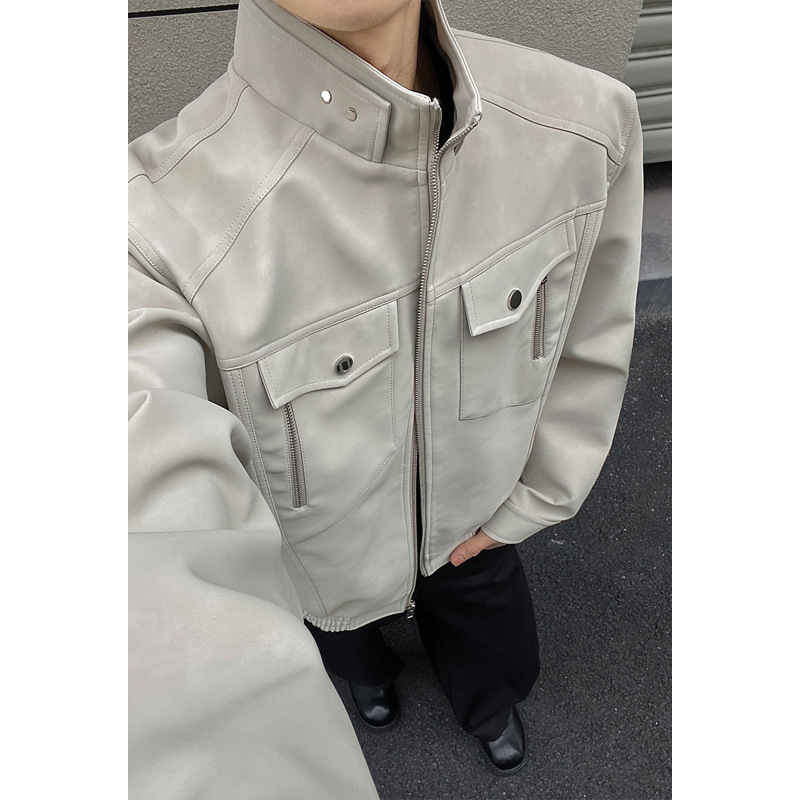 American Retro Workwear Leather Jacket For Men, Spring Cleanfit Flight Stylish Stand-up Collar Baseball Jacket, Trendy_voghion.com