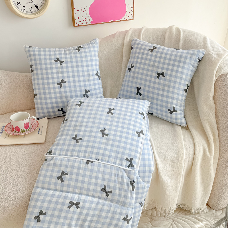 Brand New 40s Style Korean Washed Cotton Dual-use Car Pillow Blanket With A Refreshing Bow Design._voghion.com