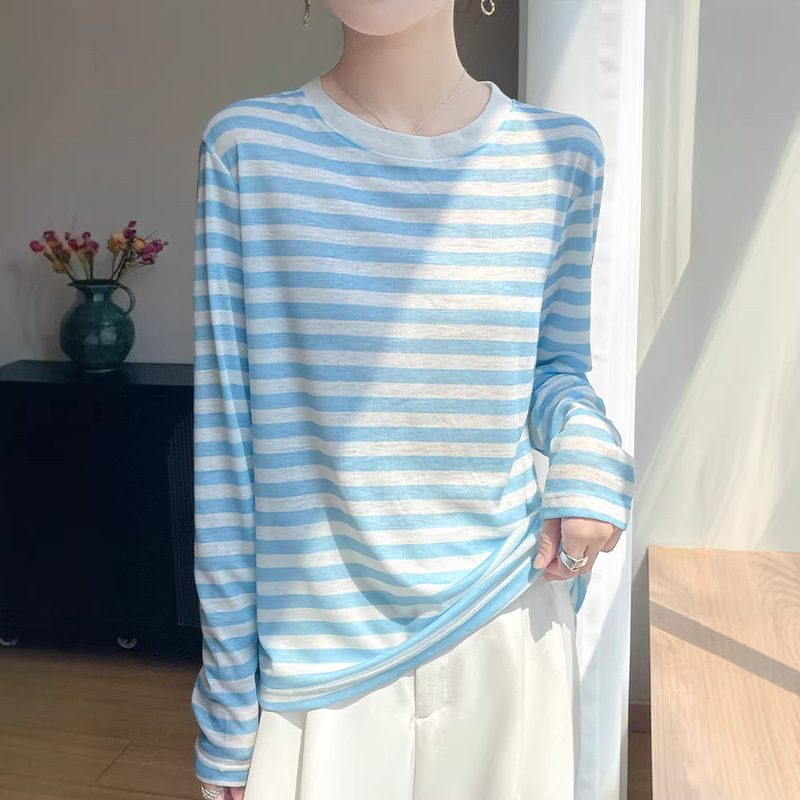 Korean-Style Striped Color-Blocked Knitted Long-Sleeve T-Shirt for Women, Color-Blocking Round-Neck Knitted Pullover, 2026 New Casual Top Korean-Style Striped Color-Blocked Knitted Long-Sleeve T-Shirt for Women, Color-Blocking Round-Neck Knitted Pullover, 2026 New Casual Top