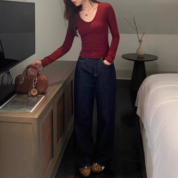 pusumede Vintage Wide-leg Jeans Women's Spring and Autumn Loose Slimming Straight Pants Mop Pants Long Pants