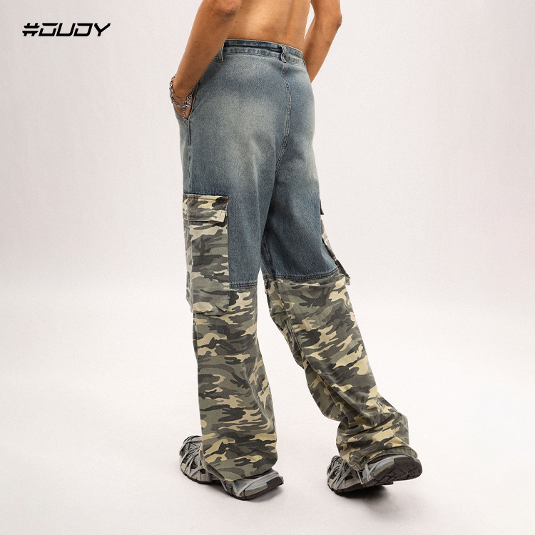 Men's Clothing washed distressed trousers PROJECT G/R splicing camouflage drawstring workwear denim paratrooper pants_voghion.com