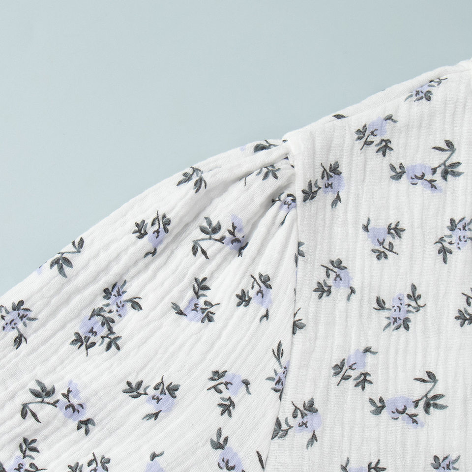 Đầm liền cotton in hoa cổ chữ V tay bồng buộc dây lưng cao — Hoa oải hương, Hoa tulip màu hồng, Màu be, Màu hồng chi tiết 17