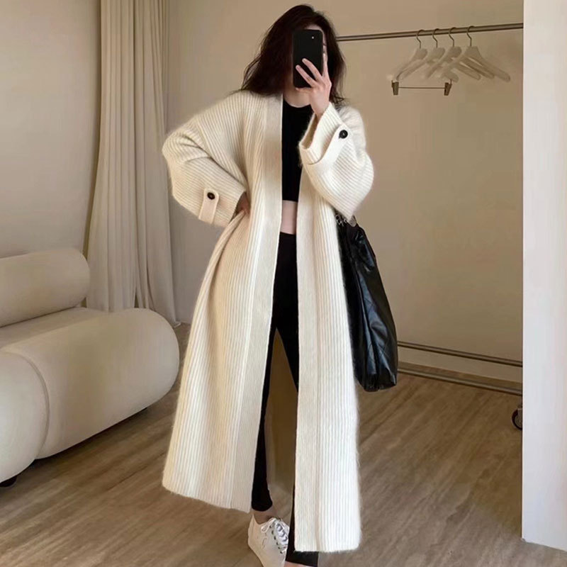 Korean French High-End V Neck Soft and Waxy Skin-Friendly Knitted Cardigan Loose Knee-Length Sweater Jacket for Women Korean French High-End V Neck Soft and Waxy Skin-Friendly Knitted Cardigan Loose Knee-Length Sweater Jacket for Women