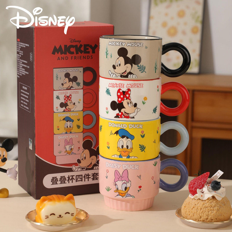 Nuevo juego de tazas de la familia Mickey, lindo par de tazas de cerámica, tazas apiladas, regalos de cumpleaños, tazas de agua