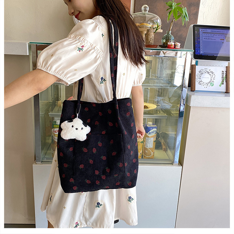 375g Weight Polyester Lining Material Magnetic Buckle Closure Type Double Shoulder Straps Strap Type Bucket Bag Bags Type Holiday, Daily Occasion Corduroy Material Strawberry Pattern Spring&Summer Season Women's Gender Cute Style Square Shape Medium Size Women's Medium Corduroy Strawberry Cute Square Magnetic Buckle Bucket Bag 11