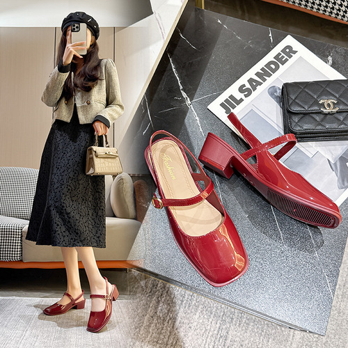 Spring/Summer New Closed-Toe High-Heel Shoes for Women, All-Match Mary Jane Chunky-Heel Sandals, Open-Back Low-Cut Single-Layer Shoes with Square Toe for Women