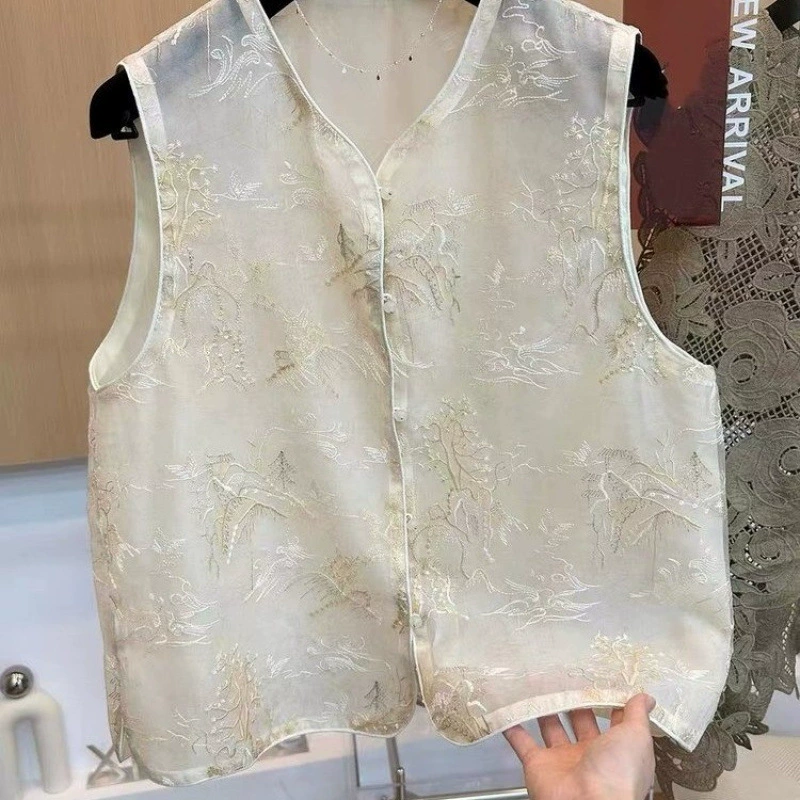 2025 новый летний тонкий новый китайский стиль национальный стиль вышивка модный темпераментный жилет без рукавов из тенселя жилет куртка для женщин