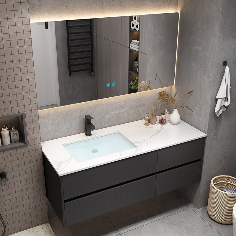 Moderno simple luz de lujo Rock Placa de baño gabinete de combinación inteligente espejo de baño de madera maciza mueble de baño lavabo de baño