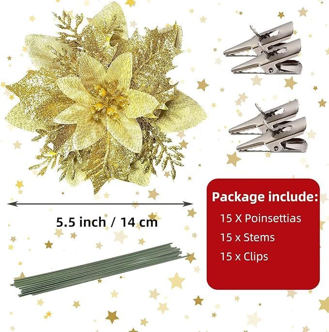 国境を越えて人気のある14cmクリスマス花人工一品紅花飾りクリップと茎クリスマスツリー花輪飾り|undefined