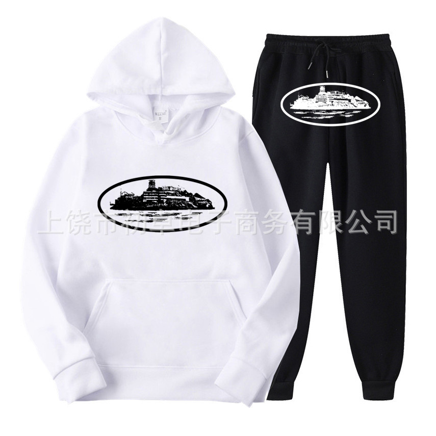 Europeo y americano clint419 diablo prisión patrón hombres y mujeres mismo suéter traje impreso con capucha conjunto de dos piezas al por mayor