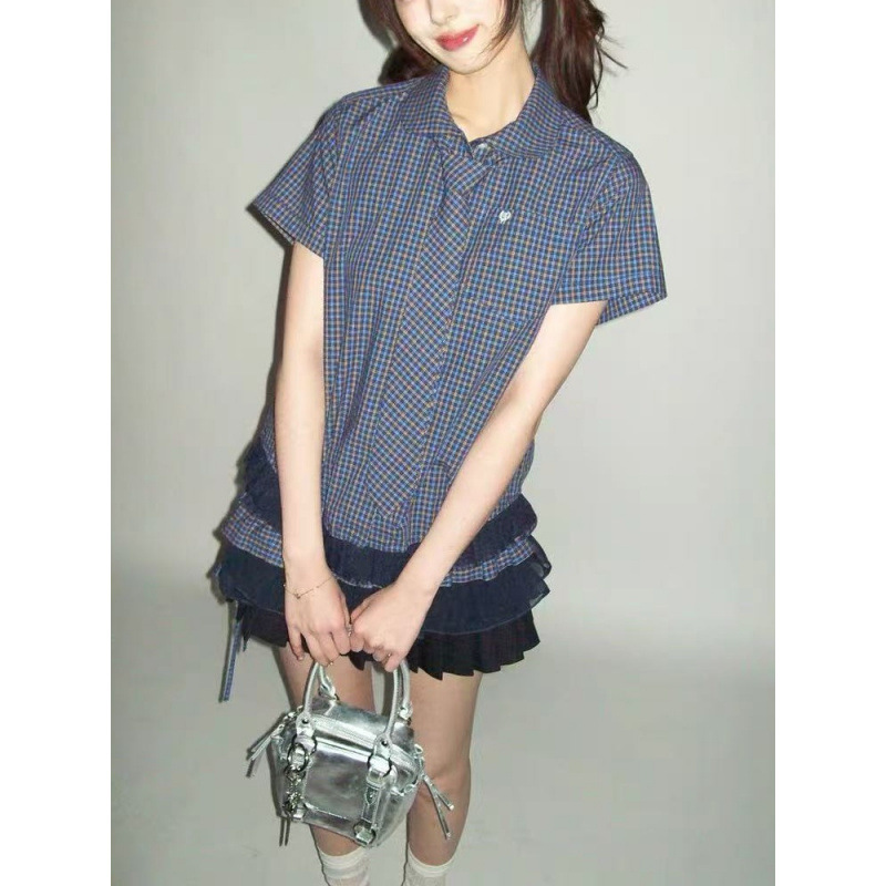 Moromoro Retro Plaid Doll Collar Hem Lace Short-Sleeved Shirt/Mesh Plaid Stitching Double-Layer Butt Curtain