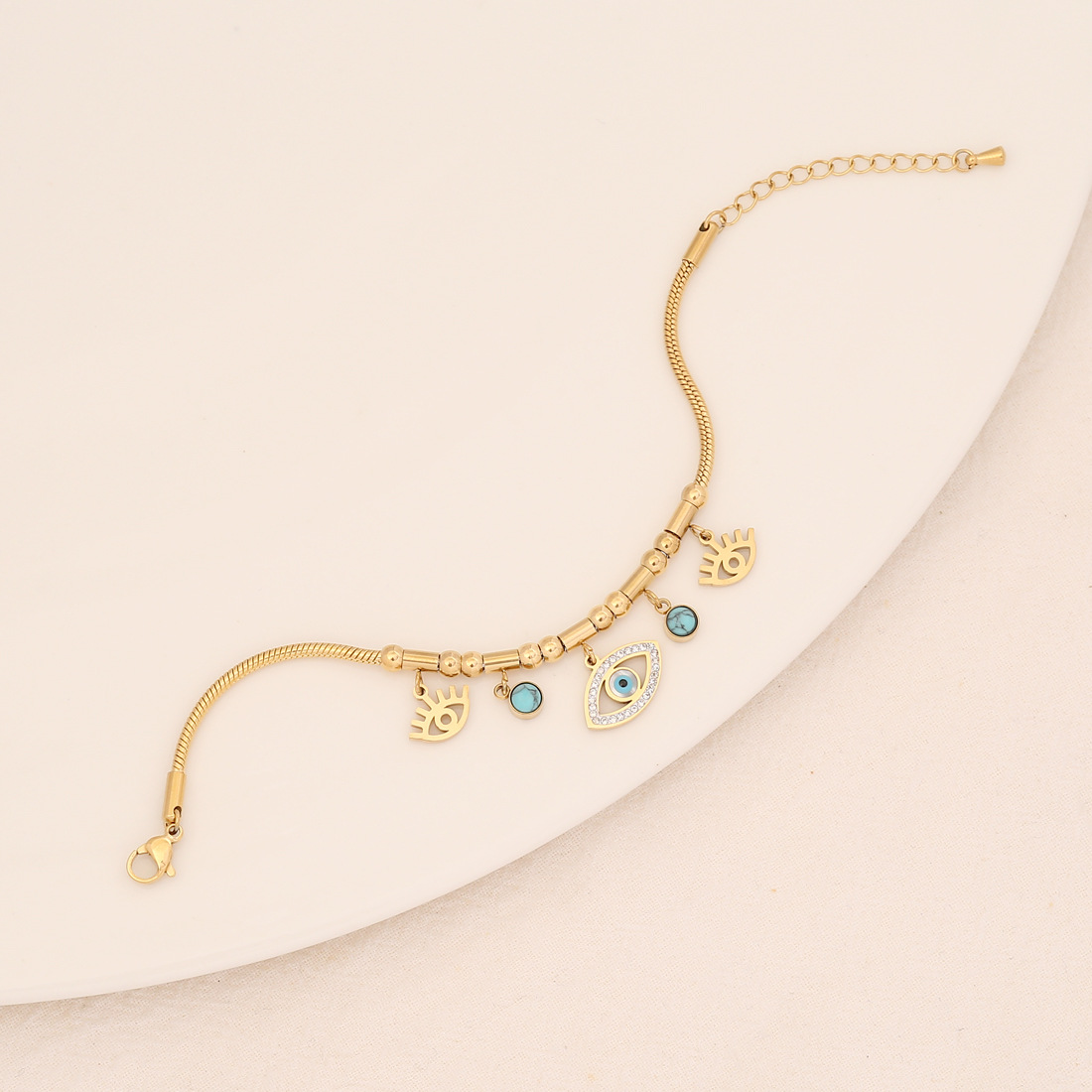 Retro Round Devilu0027S Eye Stainless Steel Inlay Turquoise Bracelets Necklace 1 Piece