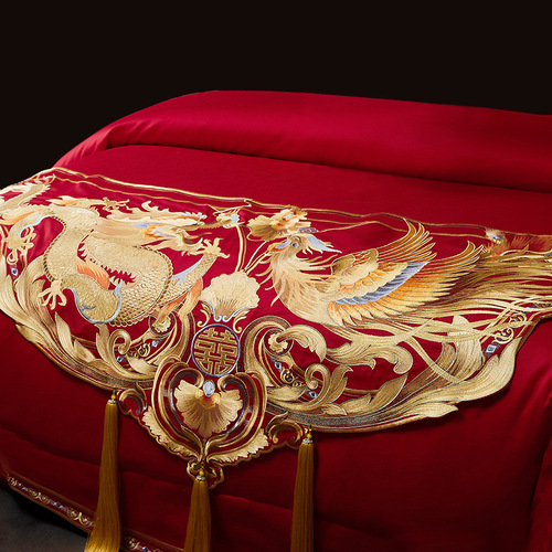 5ZV7 Wedding Red Bed Banner Bed End Cloth Wedding Stage Cloth Embroidered Banner Chinese Dragon and Phoenix Matchmaking Bedding Sets Compatible