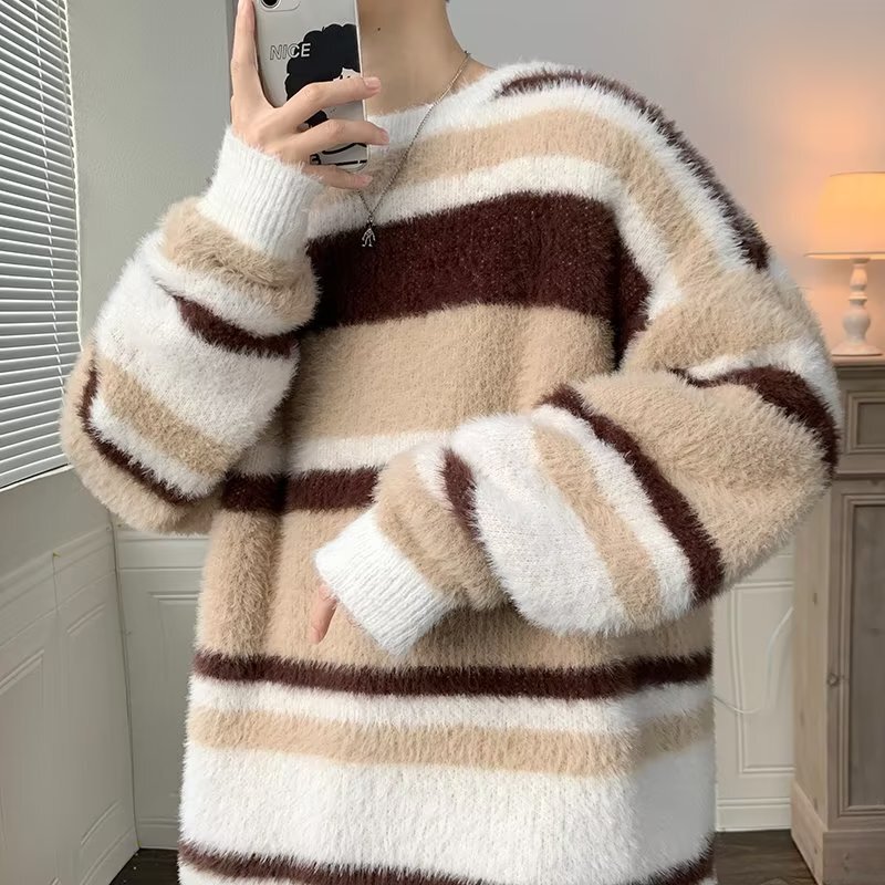 Soft Nuo boyfriend style striped sweater men's personality high-grade lazy fashion brand oversize casual all-match sweater