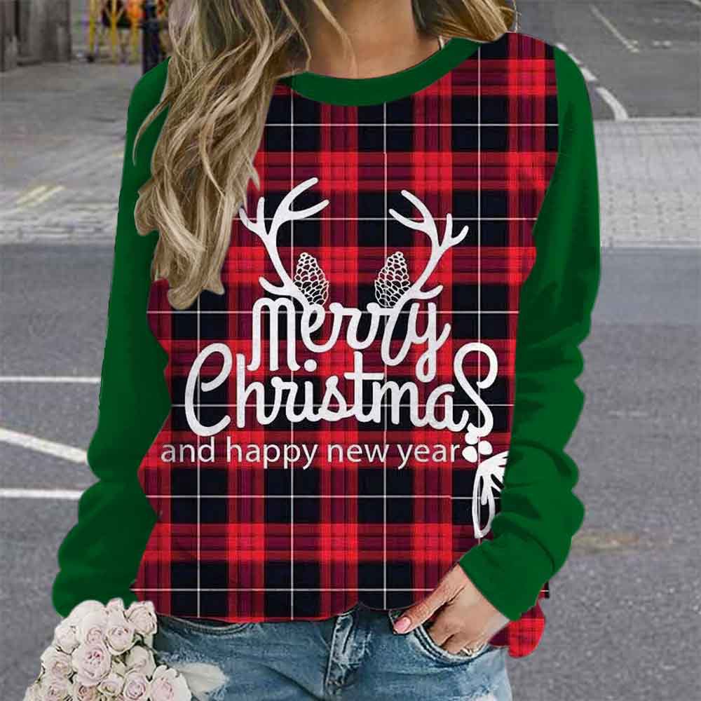 23 new European and American cross-border foreign trade Amazon plus size Christmas elk digital printing women's long sleeve round neck sweater