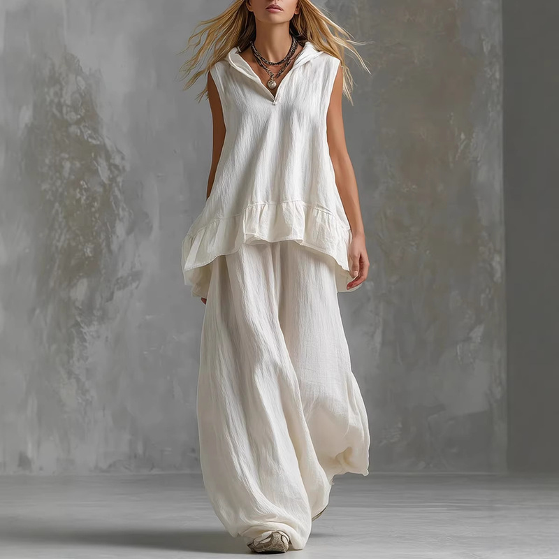 2026 Cross-Border Spring and Summer European and American New Style Elegant and Stylish Cotton and Linen Casual Sleeveless Top and Fashionable Wide-Leg Pants Two-Piece Set 2026 Cross-Border Spring and Summer European and American New Style Elegant and Stylish Cotton and Linen Casual Sleeveless Top and Fashionable Wide-Leg Pants Two-Piece Set