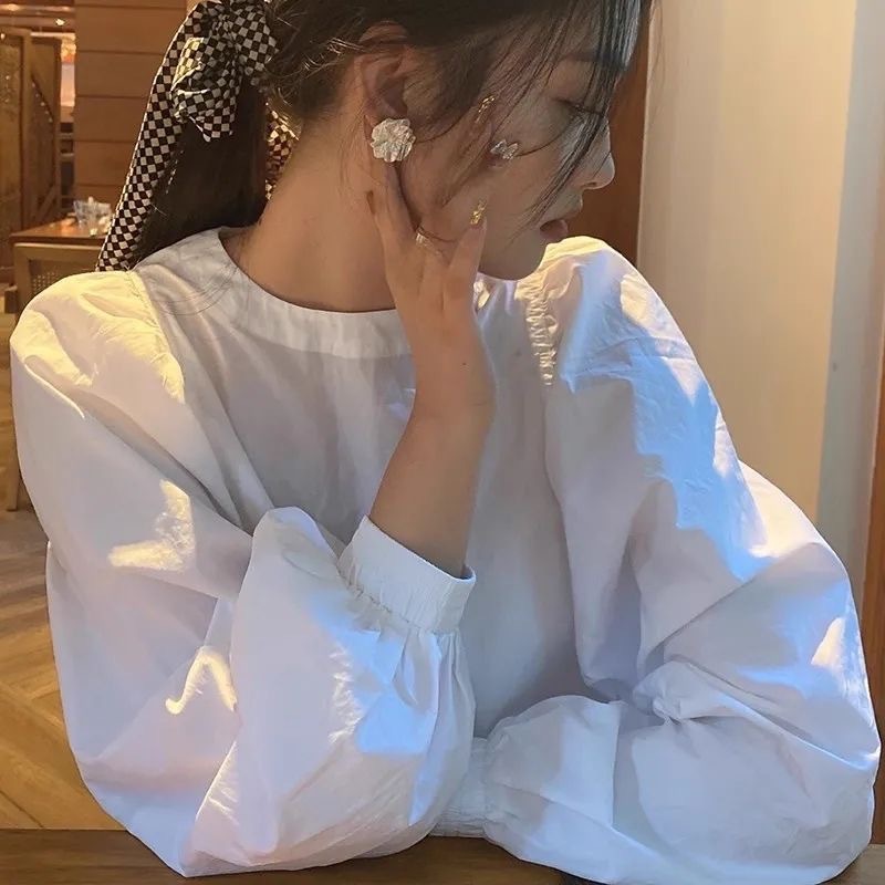 法式宽松白色泡泡袖圆领衬衫女装早秋新款设计感衬衣别致小众上衣|undefined