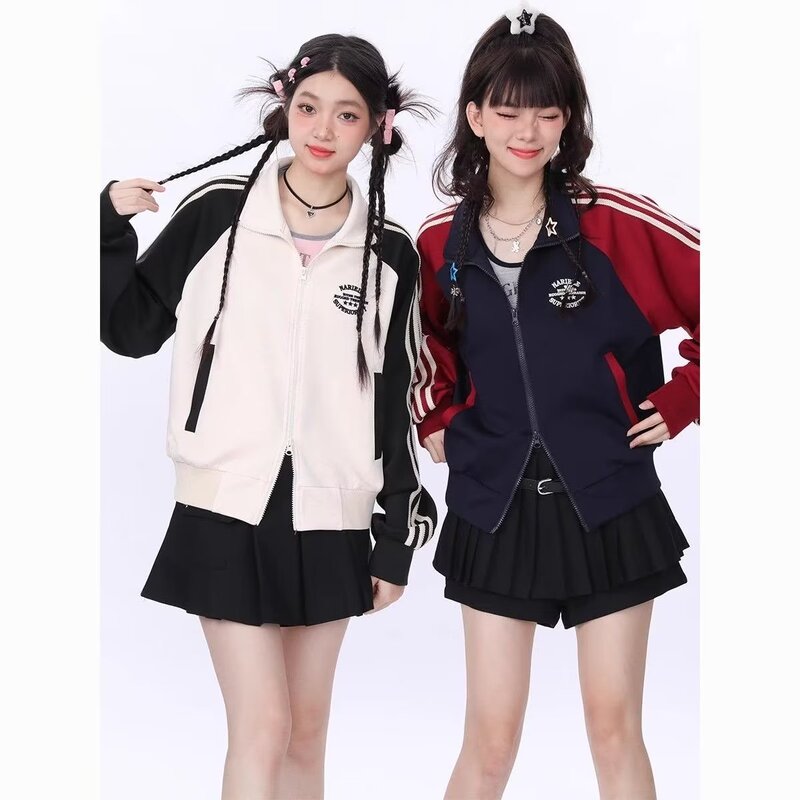 American retro preppy style short zipper cardigan coat men's and women's striped stand collar casual top fashion brand sweater fashion American retro preppy style short zipper cardigan coat men's and women's striped stand collar casual top fashion brand sweater fashion
