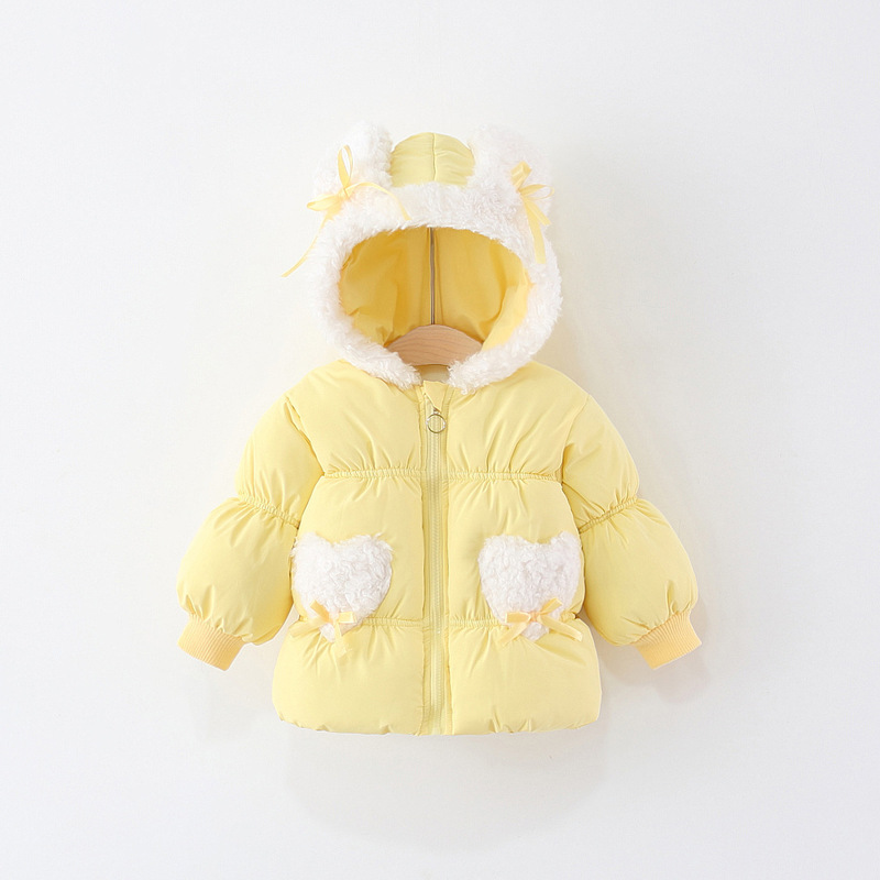 2025 Winter New Style Two Heart Pocket Hand-Padded Cotton Coat for Girls, Fleece-Lined and Thickened Rabbit Ear Cotton Coat