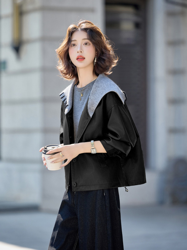 短款休闲配针织披肩宽松皮外套女2025秋季新款长袖女式皮衣ZH2633|undefined