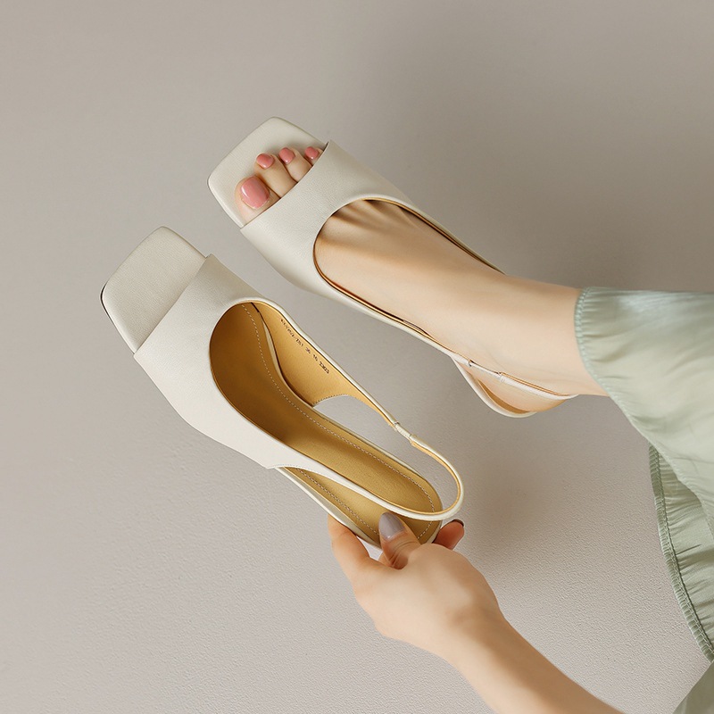 Sandal cao gót nữ mũi vuông hở mũi, gót thô 5.5 cm, phong cách Hàn Quốc, miệng nông — Da lộn cừu màu đen