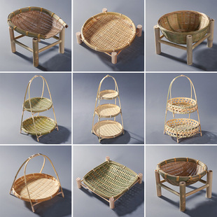 Bamboo Woven Tea Tray Fruit Tray Double-Layer Bamboo Basket Fruit Basket Fruit Tea Snack Bamboo Products Bamboo Woven Tray Basket Bamboo Basket Tray