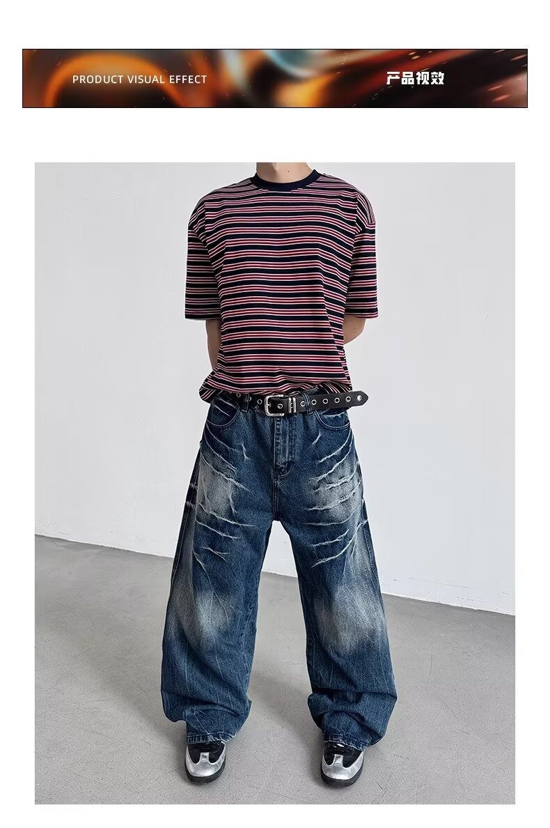 American Style Rivet Lightning Denim Jeans For Men And Women, Wide-Legged Distressed Wash Vintage Drop-Crotch Trousers, Trendy Streetwear Design_mkmklike.com