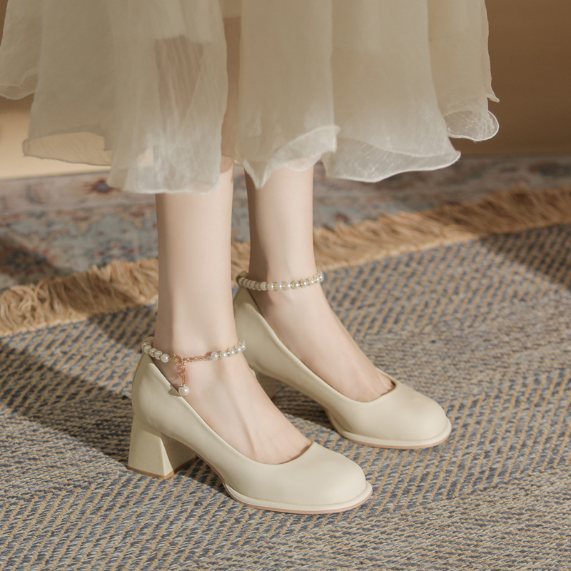 Jinqi CG6032 round toe pearl Mary Jane shoes 2023 new spring and autumn single-layer shoes chunky heel low-cut high heels for women