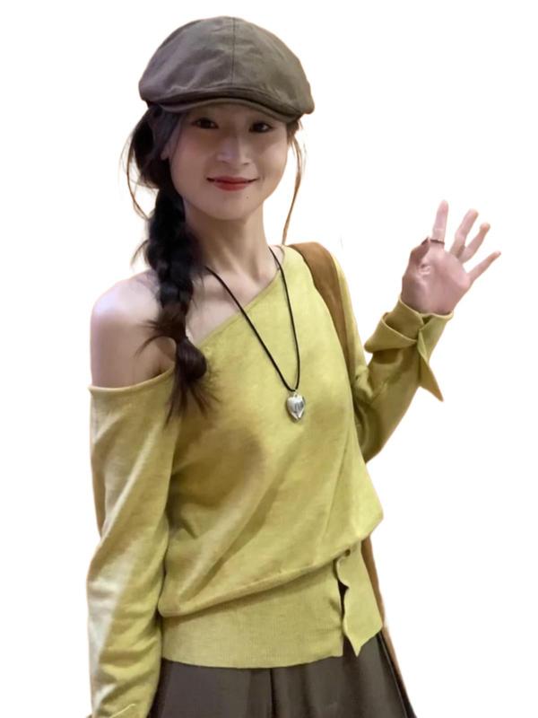 法式不规则斜肩毛衣开叉长袖针织衫女早秋新款设计感小众辣妹上衣|undefined