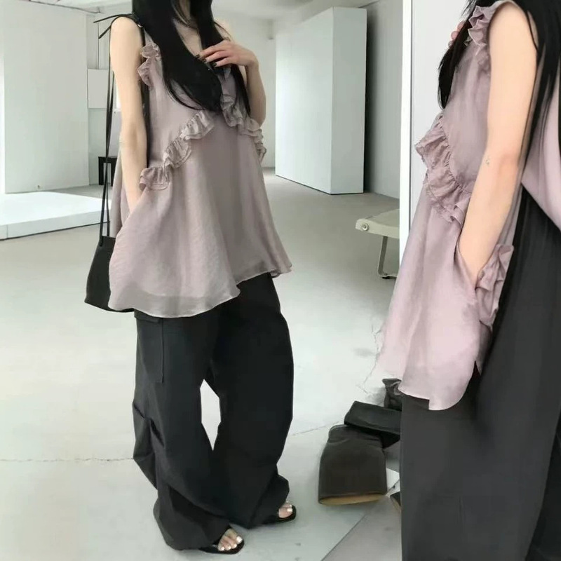 Korean ins 2026 summer new product Korean style double-layer lace design sheer chiffon camisole dress Korean ins 2026 summer new product Korean style double-layer lace design sheer chiffon camisole dress