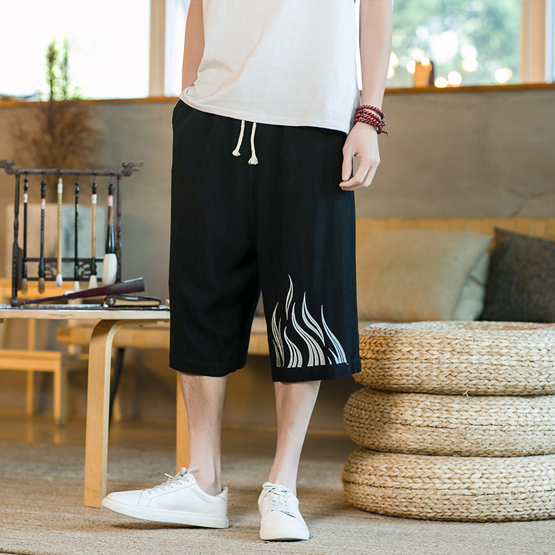 2021 summer new men's cropped pants trendy embroidered Chinese style breeches men's loose plus size mid waist pants men