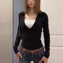 春秋女装新款 假两件撞色拼接辣妹修身短款V领打底衫长袖T恤上衣