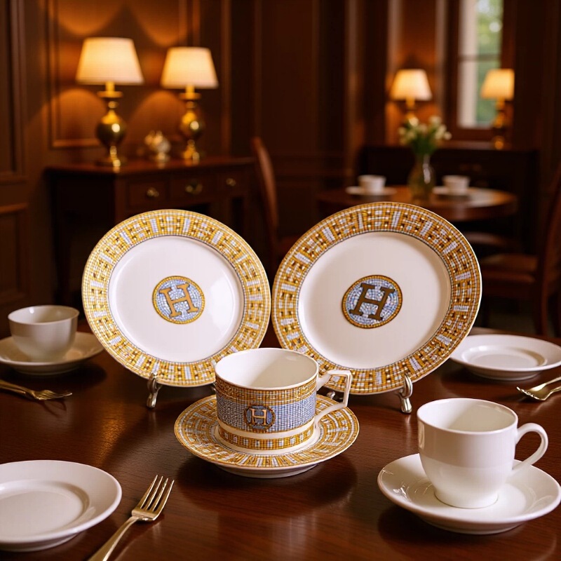 Bone China Hotel Tableware Set with Gold Rim, Plates, Coffee Cup and Saucer Set, Creative Fruit Plate, Vegetable Plate, Steak Plate, Cross-Border