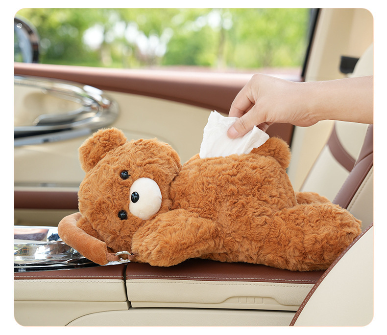 Cartoon bear car tissue box plush lying bear car tissue dispenser creative cute home and car dual-use tissue bag
