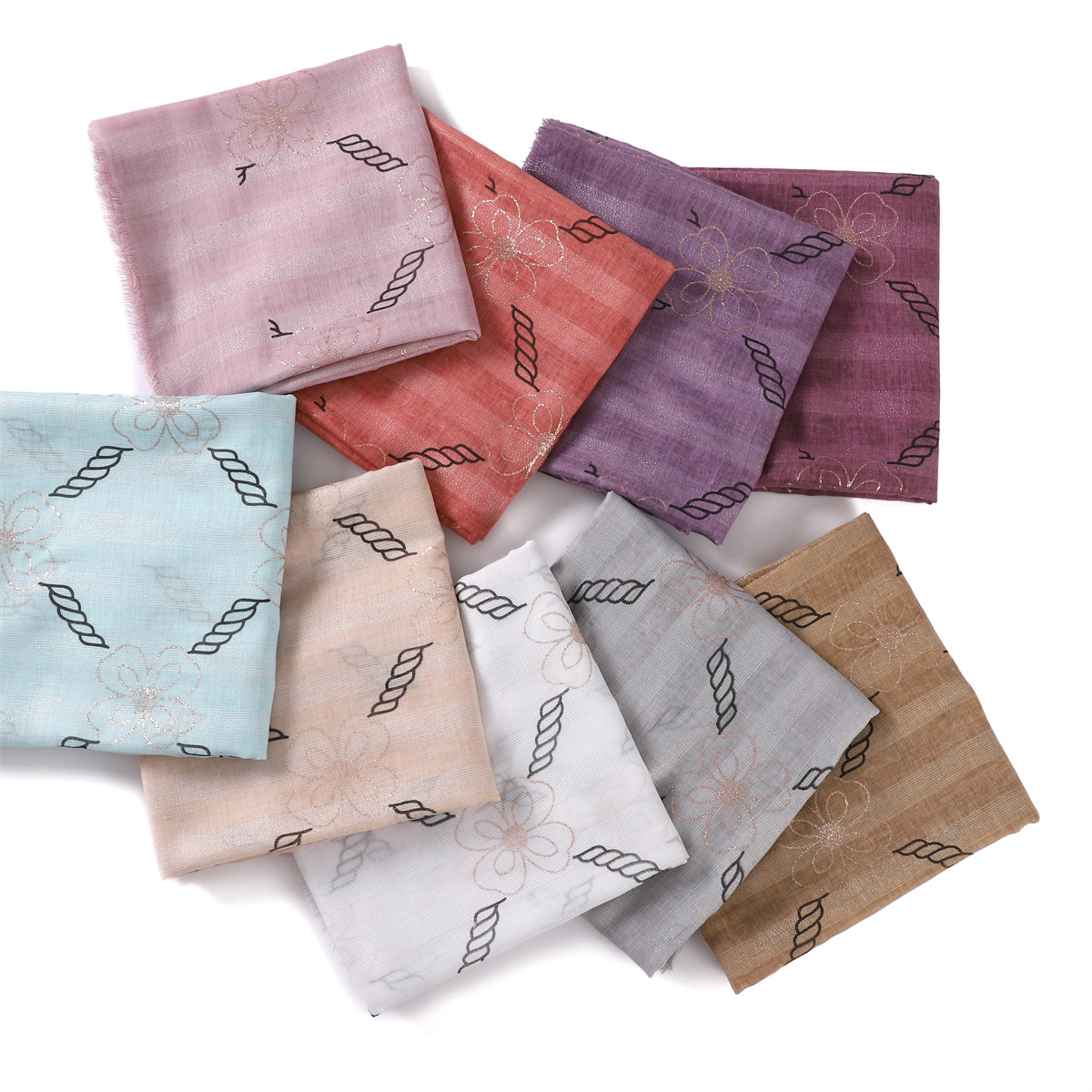 跨境新款烫金银丝花朵印花人棉围巾条纹棉麻披肩包头巾一件代发