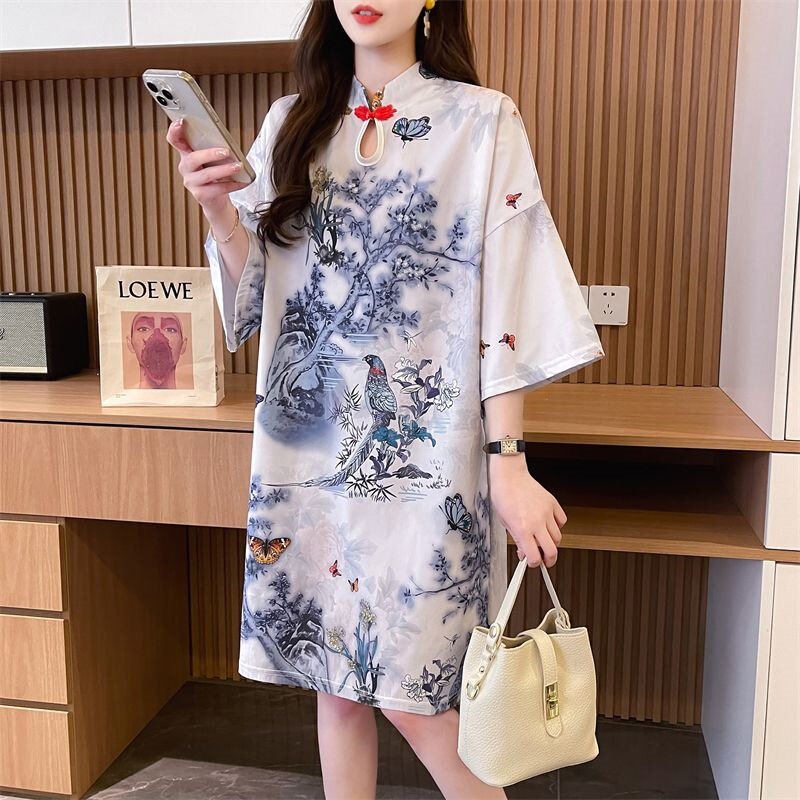 Chinese Style Retro National Trend Summer Loose Hanfu Modified Qipao Dress Women's Half-Sleeve Short Dress