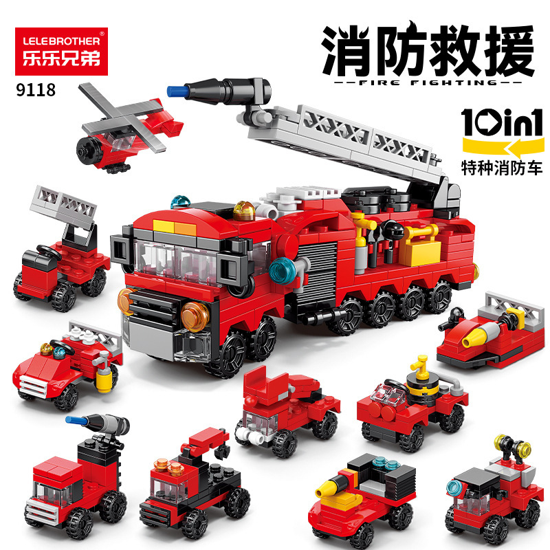 Lele Brothers Children's Puzzle Assembled Fire Rescue Car Model Compatible Lego Boys Building Blocks Toy Gift